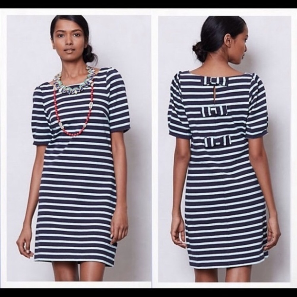 ANTHROPOLOGIE Navy Blue/White Dress w/Bows on Back